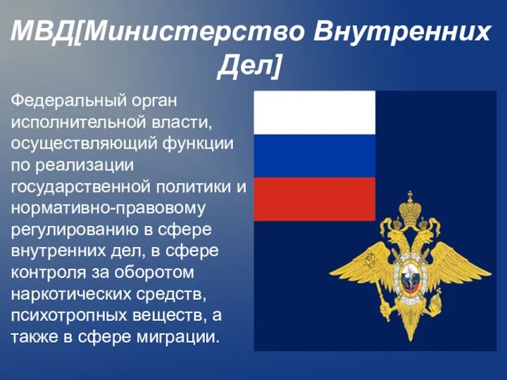 МВД[Министерство Внутренних Дел] Федеральный орган исполнительной власти, осуществляющий функции по реализации государственной