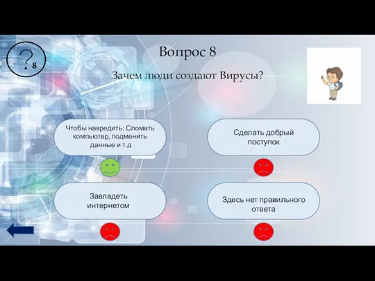 Вопрос 8 Зачем люди создают Вирусы? Чтобы навредить: Сломать компьютер, подменить данные