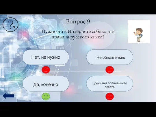 Вопрос 9 Нужно ли в Интернете соблюдать правила русского языка? Нет, не