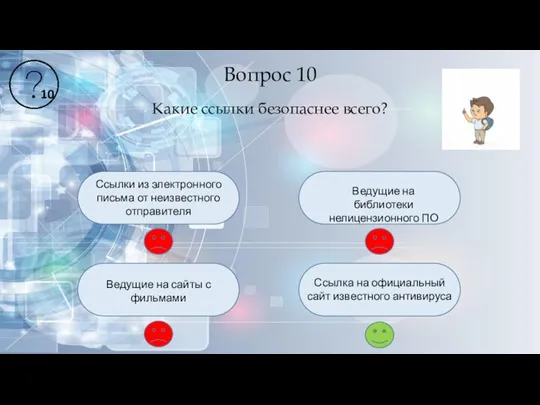 Вопрос 10 Какие ссылки безопаснее всего? Ссылки из электронного письма от неизвестного