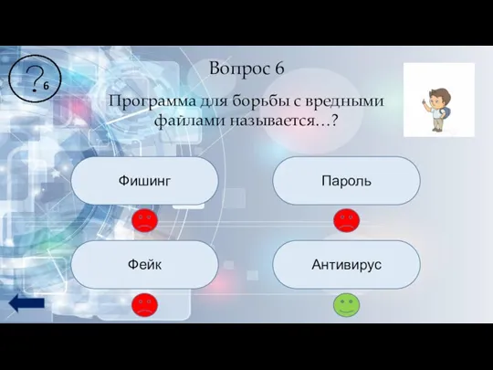 Вопрос 6 Программа для борьбы с вредными файлами называется…? Фишинг Фейк Пароль Антивирус