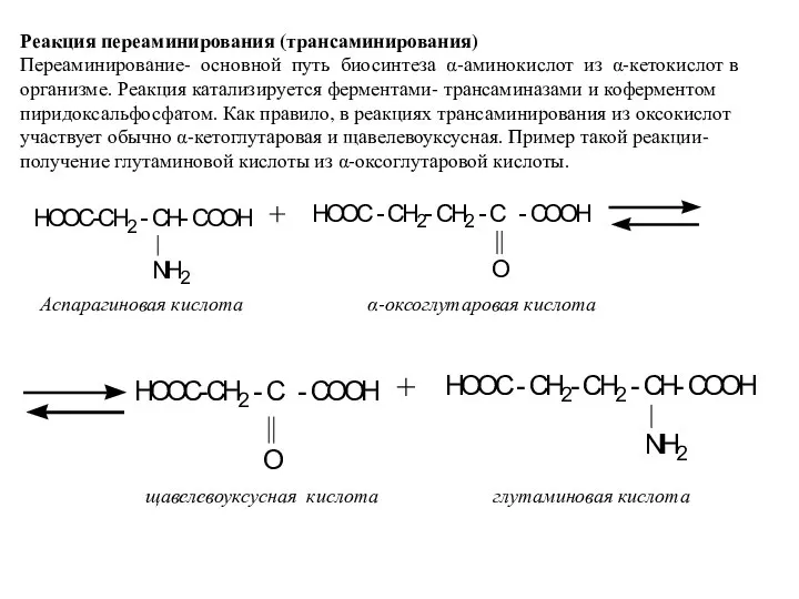 Реакция переаминирования (трансаминирования) Переаминирование- основной путь биосинтеза α-аминокислот из α-кетокислот в организме.