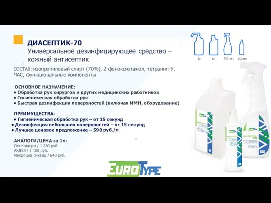 ДИАСЕПТИК-70 Универсальное дезинфицирующее средство – кожный антисептик СОСТАВ: изопропиловый спирт (70%), 2-феноксиэтанол,