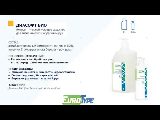 ДИАСОФТ БИО Антисептическое моющее средство для гигиенической обработки рук СОСТАВ: антибактериальный компонент,