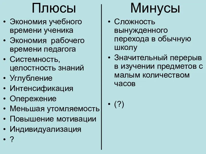 Плюсы Экономия учебного времени ученика Экономия рабочего времени педагога Системность, целостность знаний