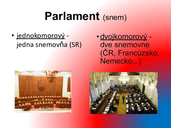 Parlament (snem) jednokomorový - jedna snemovňa (SR) dvojkomorový - dve snemovne (ČR, Francúzsko, Nemecko...)