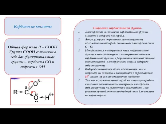 Карбоновые кислоты Общая формула R – COOH Группа СООН сочетает в себе