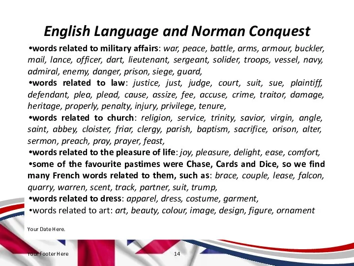 English Language and Norman Conquest words related to military affairs: war, peace,