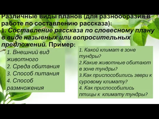 Различные виды планов (для разнообразия в работе по составлению рассказа): 1. Составление