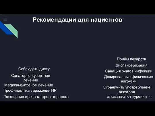 Рекомендации для пациентов Соблюдать диету Ограничить употребление алкоголя отказаться от курения Приём