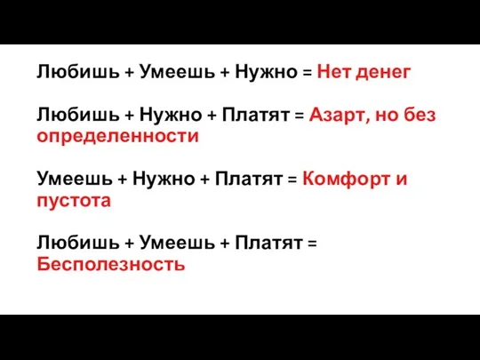 Любишь + Умеешь + Нужно = Нет денег Любишь + Нужно +