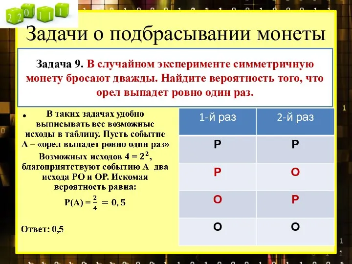 Задачи о подбрасывании монеты Задача 9. В случайном эксперименте симметричную монету бросают