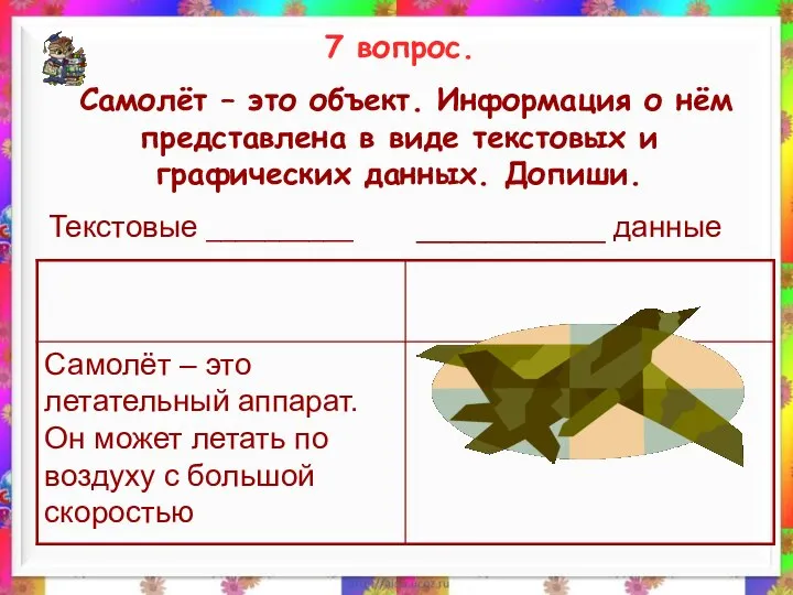 7 вопрос. Самолёт – это объект. Информация о нём представлена в виде