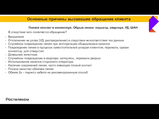 Основные причины вызвавшие обращение клиента Плохой контакт в коннекторе, Обрыв линии: подъезд,