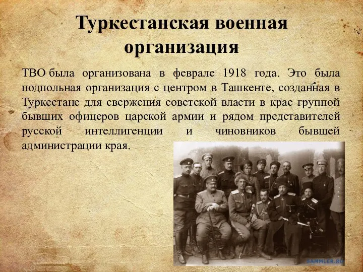 Туркестанская военная организация ТВО была организована в феврале 1918 года. Это была