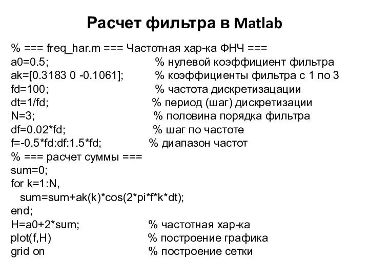 Расчет фильтра в Matlab % === freq_har.m === Частотная хар-ка ФНЧ ===