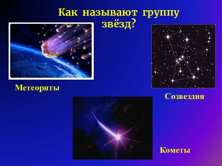 Как называют группу звёзд? Метеориты Кометы Созвездия
