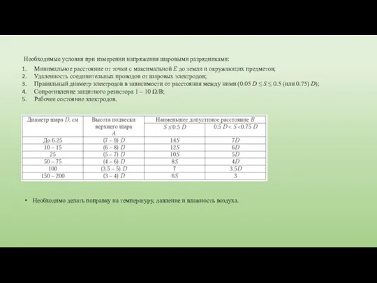 Необходимые условия при измерении напряжения шаровыми разрядниками: Минимальное расстояние от точки с