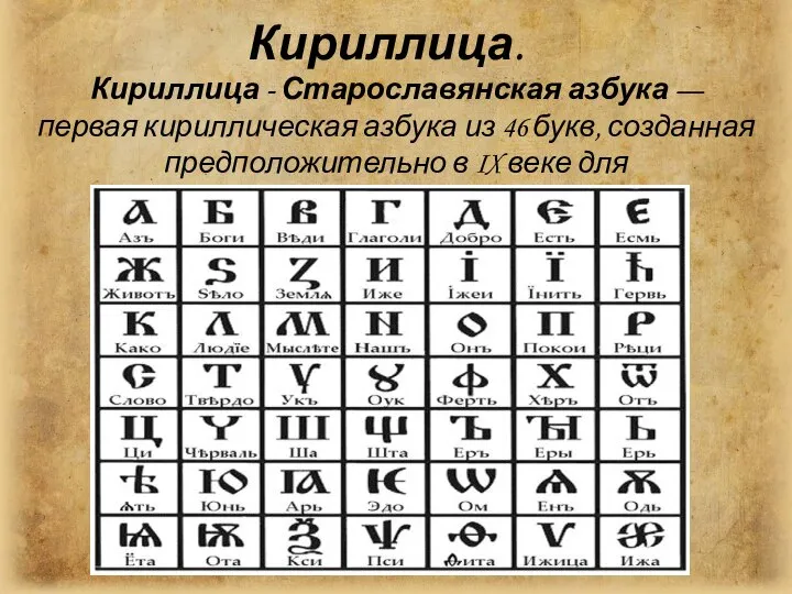 Кириллица. Кириллица - Старославянская азбука — первая кириллическая азбука из 46 букв,