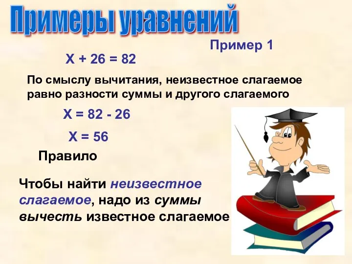 Упрости Примеры уравнений Х + 26 = 82 По смыслу вычитания, неизвестное