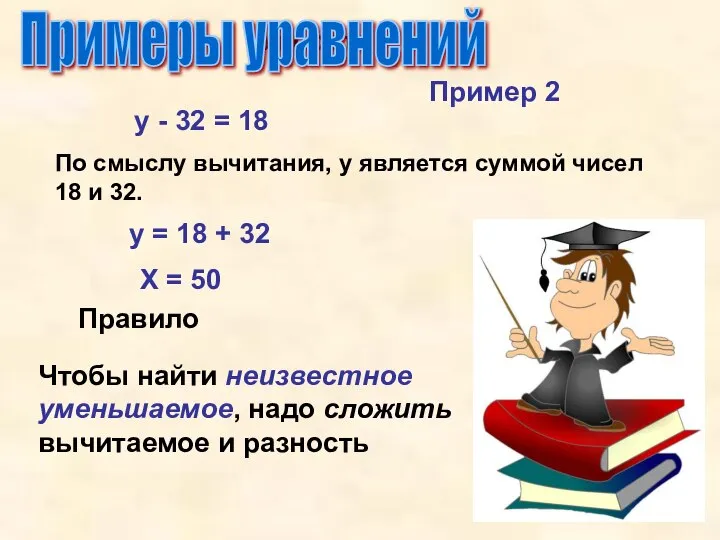 Упрости Примеры уравнений у - 32 = 18 По смыслу вычитания, у