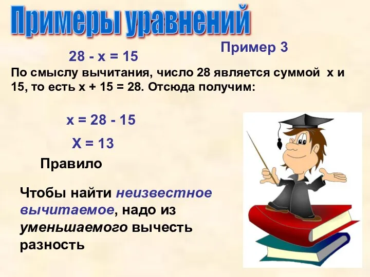 Упрости Примеры уравнений 28 - х = 15 По смыслу вычитания, число