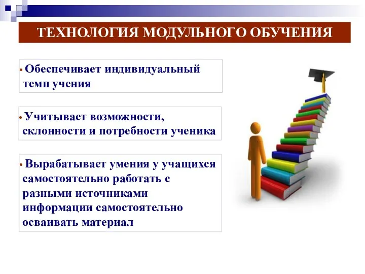 ТЕХНОЛОГИЯ МОДУЛЬНОГО ОБУЧЕНИЯ Обеспечивает индивидуальный темп учения Учитывает возможности, склонности и потребности