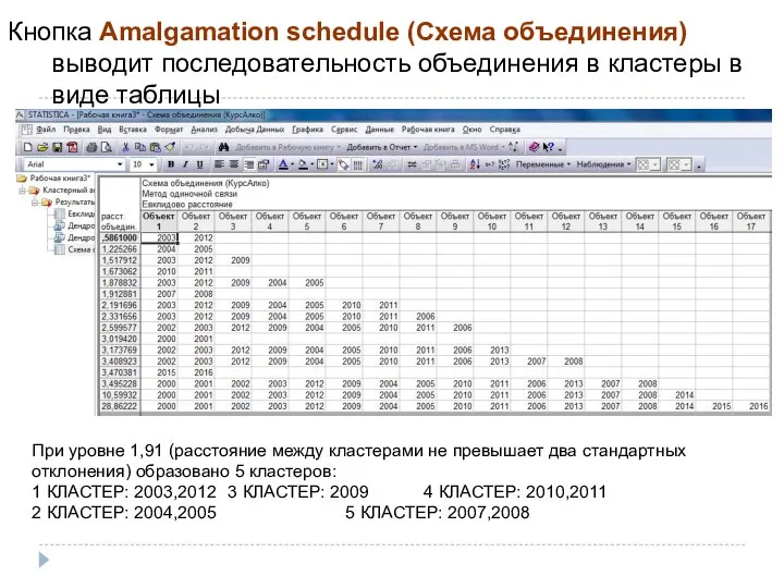 Кнопка Amalgamation schedule (Схема объединения) выводит последовательность объединения в кластеры в виде