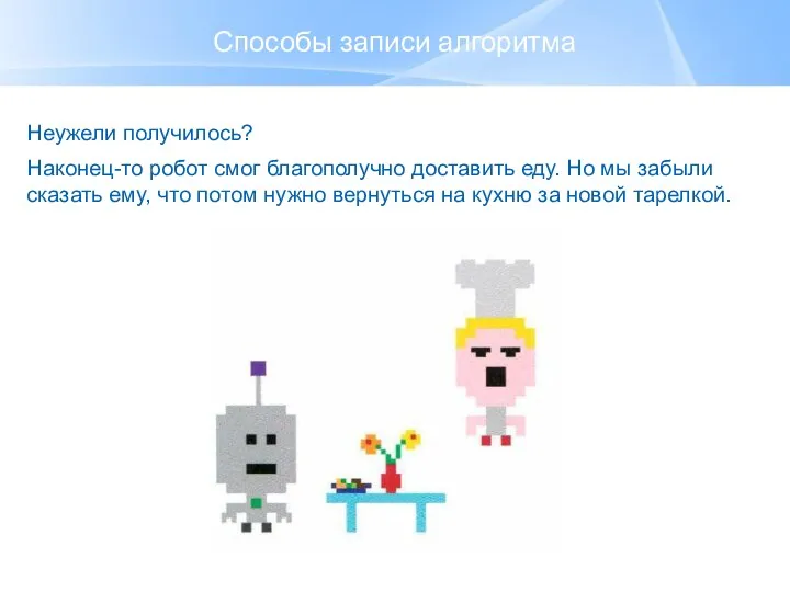 Способы записи алгоритма Неужели получилось? Наконец-то робот смог благополучно доставить еду. Но