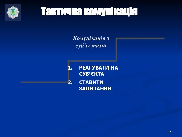 Комунікація з суб’єктами РЕАГУВАТИ НА СУБ’ЄКТА СТАВИТИ ЗАПИТАННЯ Тактична комунікація