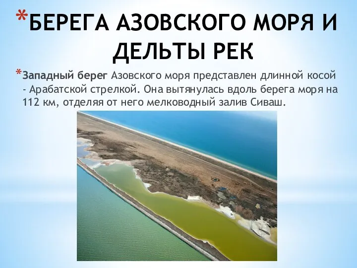 БЕРЕГА АЗОВСКОГО МОРЯ И ДЕЛЬТЫ РЕК Западный берег Азовского моря представлен длинной