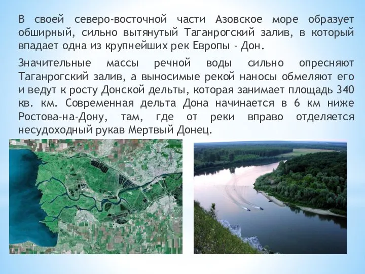 В своей северо-восточной части Азовское море образует обширный, сильно вытянутый Таганрогский залив,