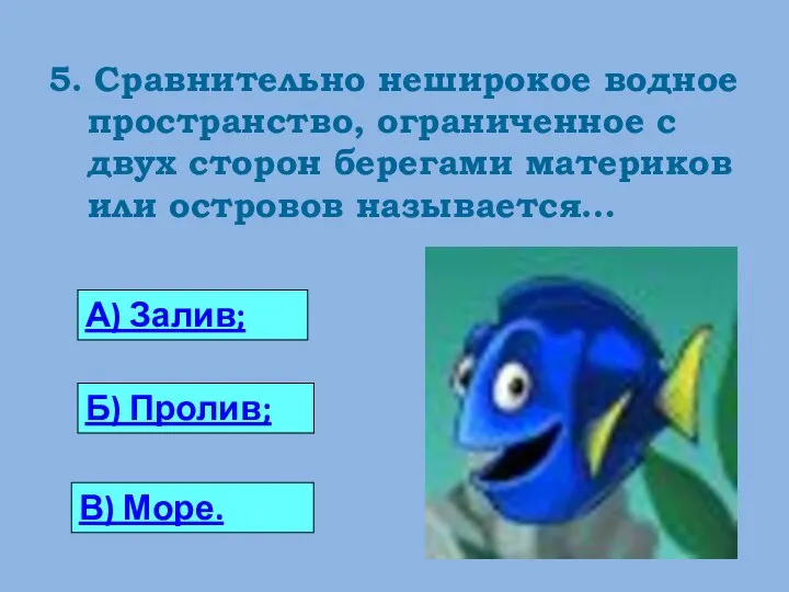 5. Сравнительно неширокое водное пространство, ограниченное с двух сторон берегами материков или