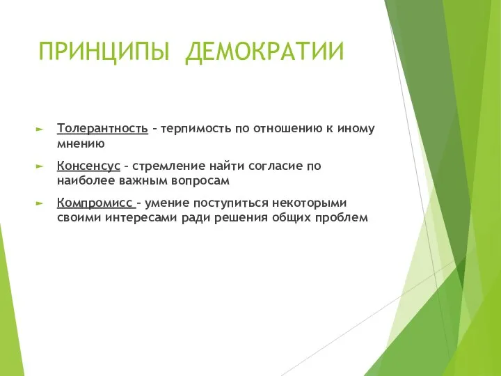 ПРИНЦИПЫ ДЕМОКРАТИИ Толерантность – терпимость по отношению к иному мнению Консенсус –