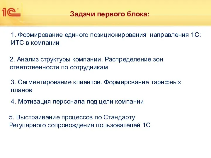 Задачи первого блока: 1. Формирование единого позиционирования направления 1С:ИТС в компании 2.