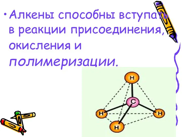 Алкены способны вступать в реакции присоединения, окисления и полимеризации.