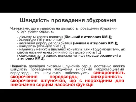 Швидкість проведення збудження Чинниками, що впливають на швидкість проведення збудження структурами серця,