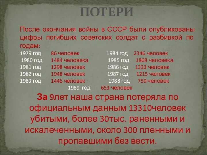 После окончания войны в СССР были опубликованы цифры погибших советских солдат с