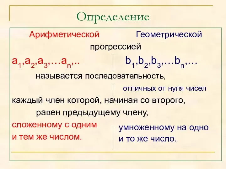 Определение Арифметической Геометрической прогрессией а1,а2,а3,…аn,.. b1,b2,b3,…bn,… называется последовательность, отличных от нуля чисел