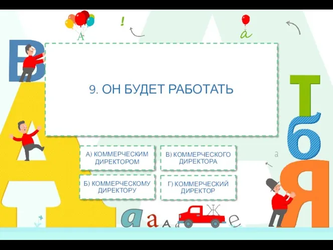 9. ОН БУДЕТ РАБОТАТЬ А) КОММЕРЧЕСКИМ ДИРЕКТОРОМ В) КОММЕРЧЕСКОГО ДИРЕКТОРА Б) КОММЕРЧЕСКОМУ ДИРЕКТОРУ Г) КОММЕРЧЕСКИЙ ДИРЕКТОР