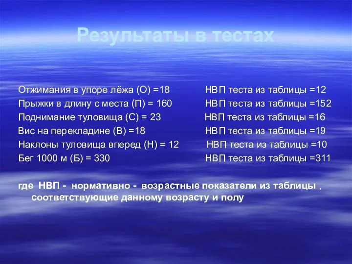 Результаты в тестах Отжимания в упоре лёжа (О) =18 НВП теста из