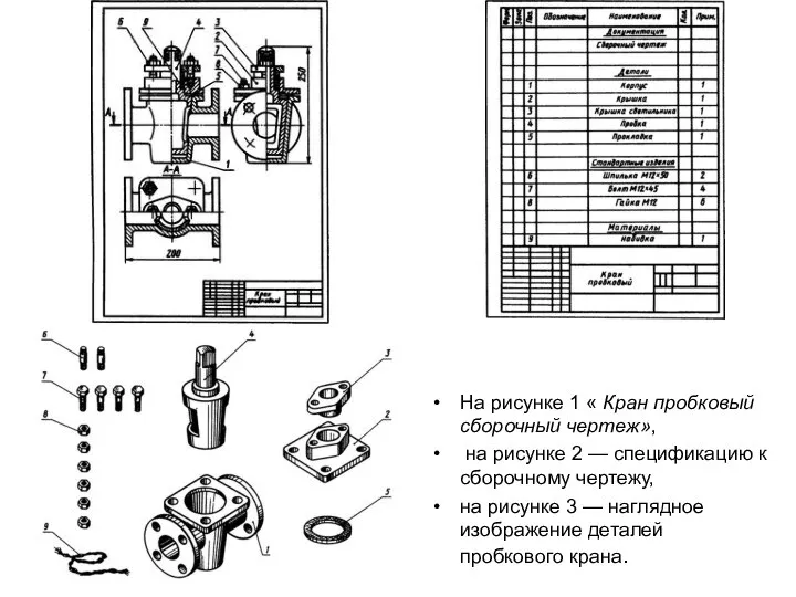 На рисунке 1 « Кран пробковый сборочный чертеж», на рисунке 2 —