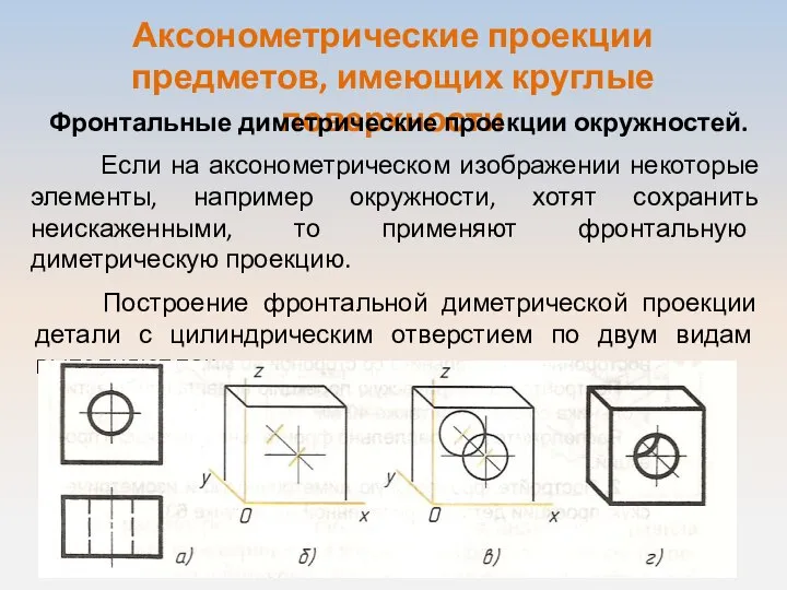 Аксонометрические проекции предметов, имеющих круглые поверхности Фронтальные диметрические проекции окружностей. Если на