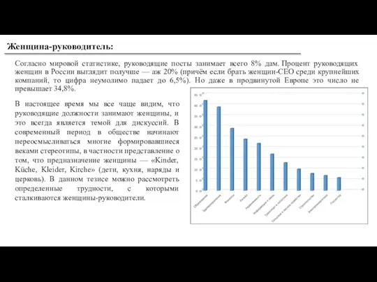 Согласно мировой статистике, руководящие посты занимает всего 8% дам. Процент руководящих женщин