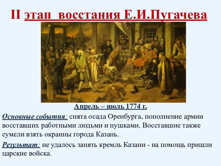 II этап восстания Е.И.Пугачева Апрель – июль 1774 г. Основные события: снята