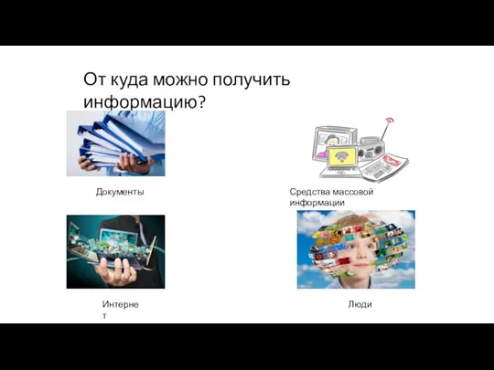 От куда можно получить информацию? Люди Документы Средства массовой информации Интернет