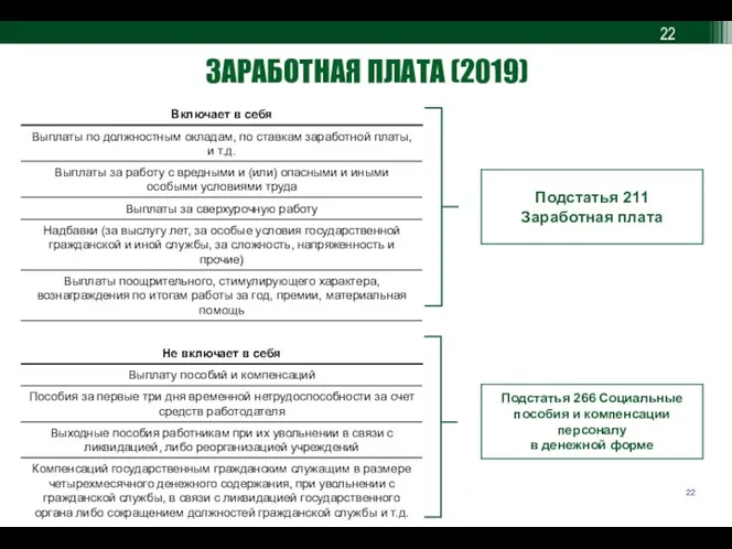 ЗАРАБОТНАЯ ПЛАТА (2019) Подстатья 211 Заработная плата Подстатья 266 Социальные пособия и