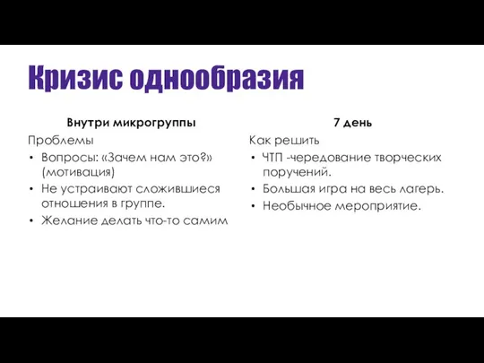 Кризис однообразия Внутри микрогруппы Проблемы Вопросы: «Зачем нам это?» (мотивация) Не устраивают