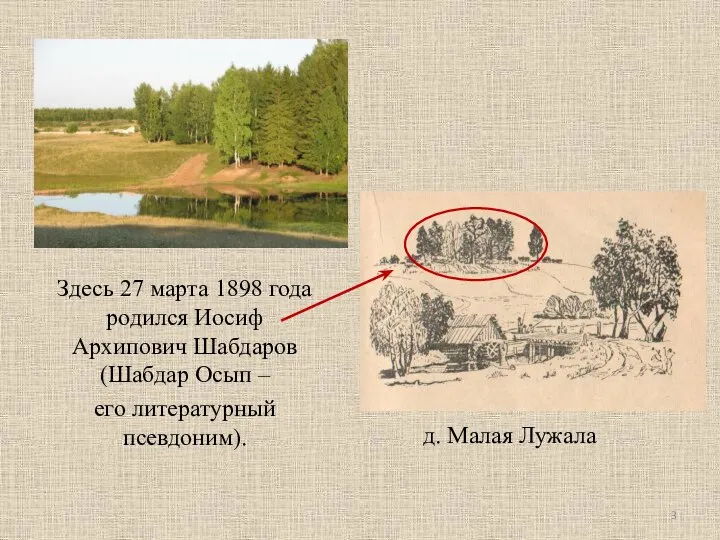 д. Малая Лужала Здесь 27 марта 1898 года родился Иосиф Архипович Шабдаров