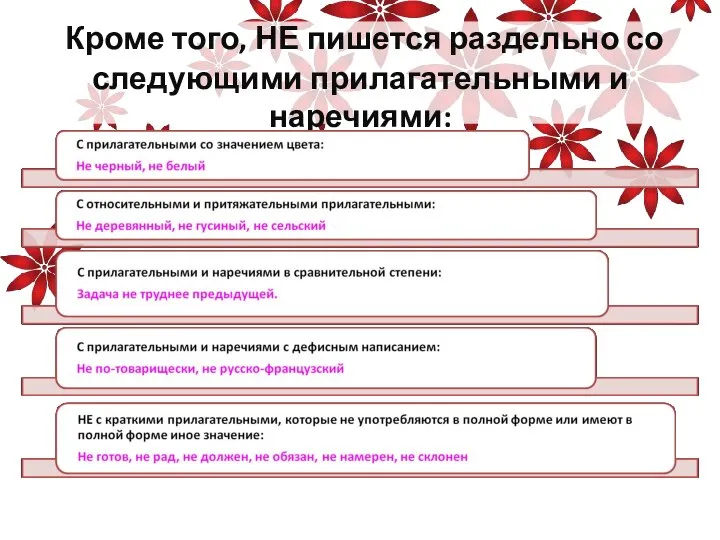 Кроме того, НЕ пишется раздельно со следующими прилагательными и наречиями: